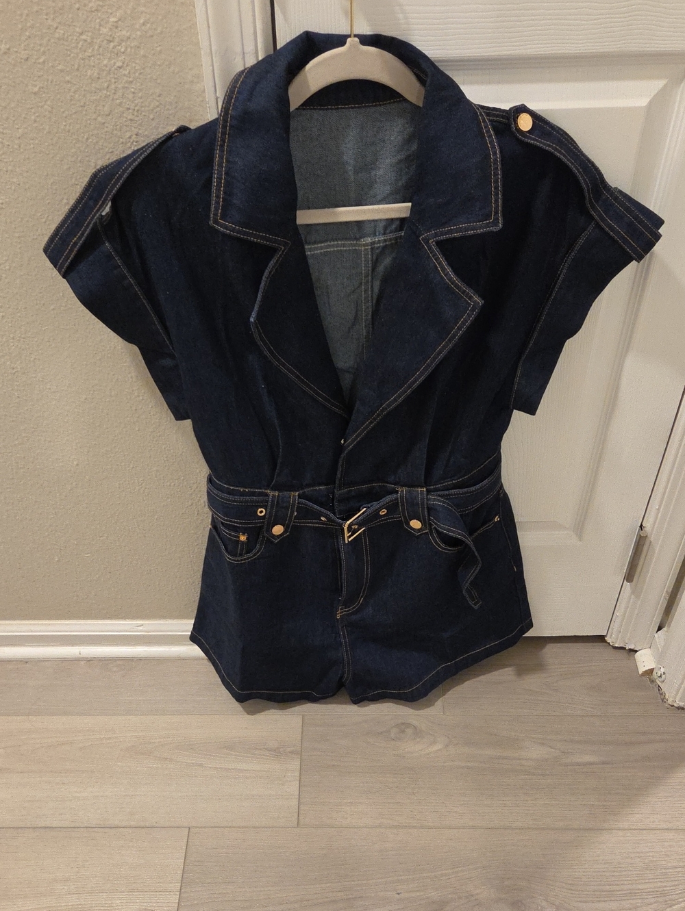 Commense Dark Indigo Denim Short-Sleeve Romper with Belt